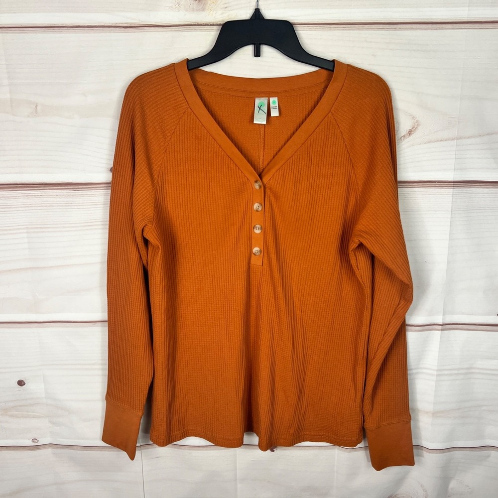 Aventura Top Womens Large Orange Cotton Blend T-Shirt Henley Waffle Knit Solid